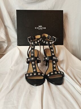 COACH Black Studded T-Strap Leather Heels